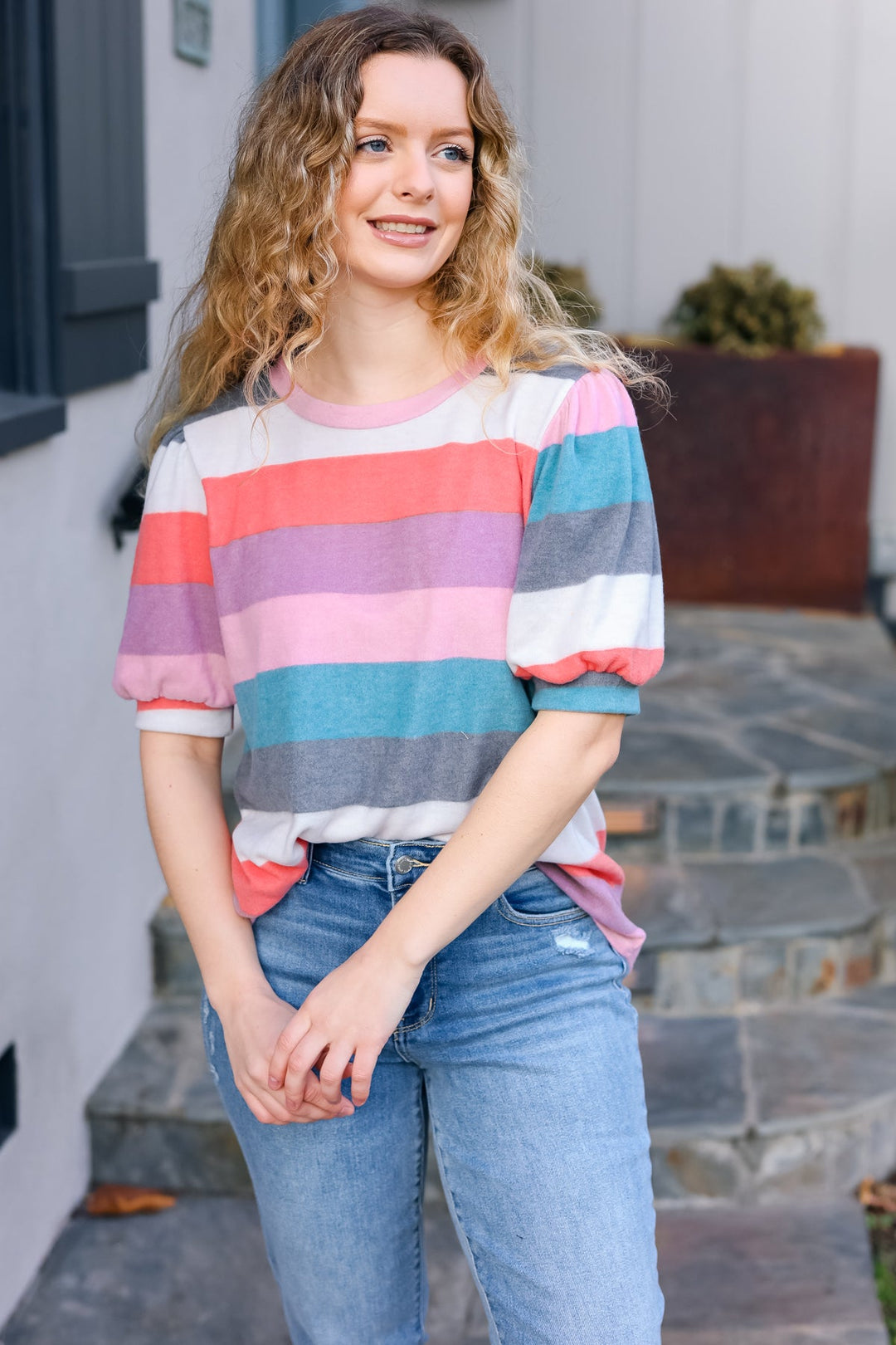 Look Out Teal &amp; Rose Striped Hacci Knit Puff Sleeve Top | Nikki &amp; Co. Boutique