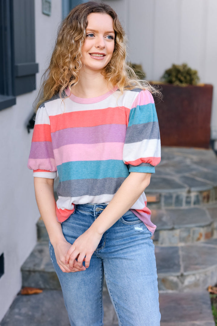 Look Out Teal &amp; Rose Striped Hacci Knit Puff Sleeve Top | Nikki &amp; Co. Boutique