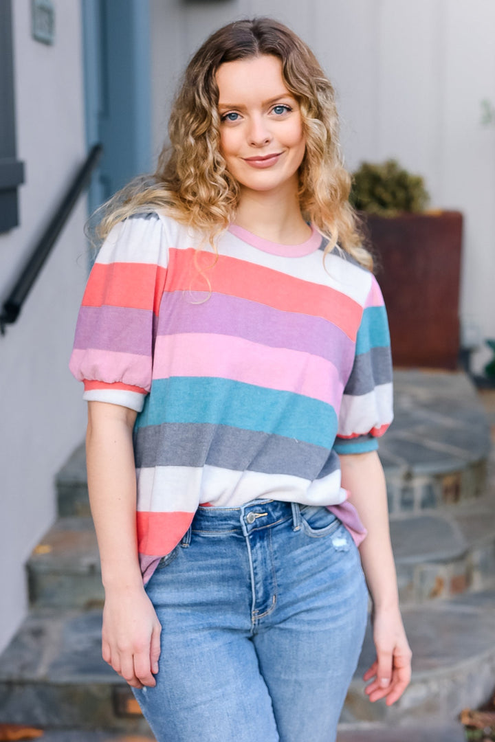 Look Out Teal &amp; Rose Striped Hacci Knit Puff Sleeve Top | Nikki &amp; Co. Boutique