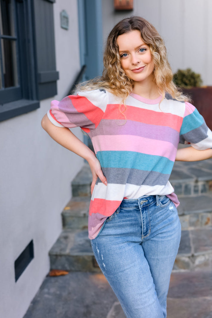 Look Out Teal &amp; Rose Striped Hacci Knit Puff Sleeve Top | Nikki &amp; Co. Boutique
