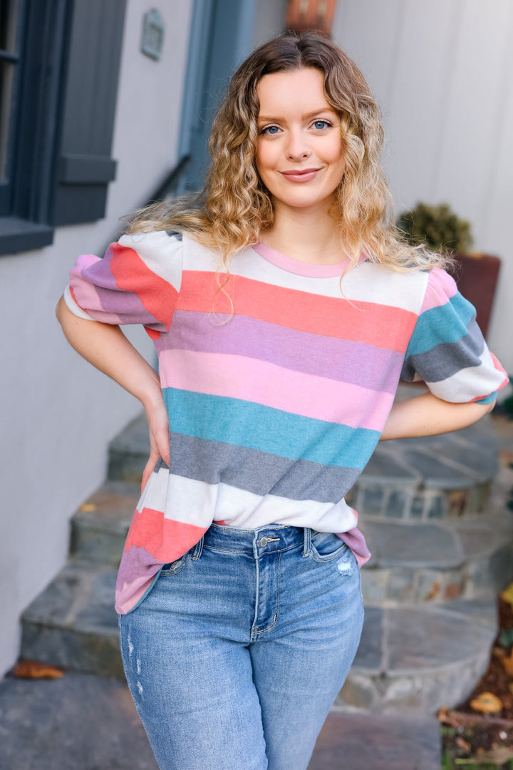 Look Out Teal &amp; Rose Striped Hacci Knit Puff Sleeve Top | Nikki &amp; Co. Boutique
