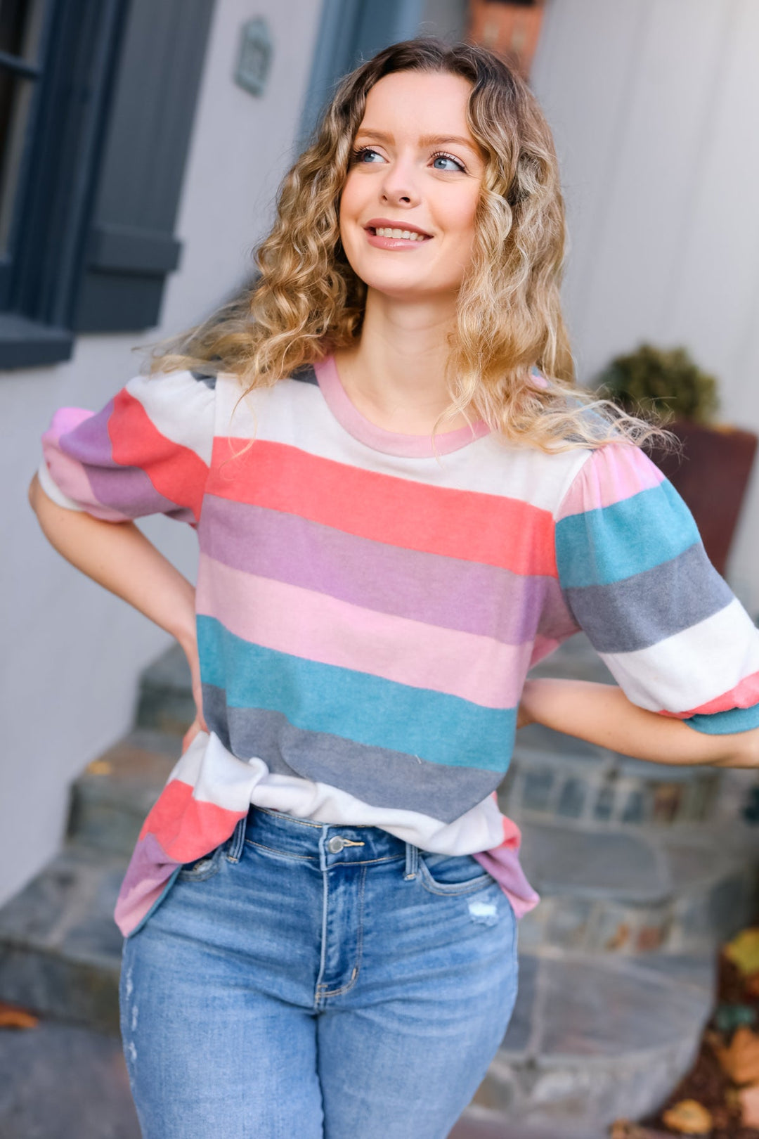 Look Out Teal &amp; Rose Striped Hacci Knit Puff Sleeve Top | Nikki &amp; Co. Boutique