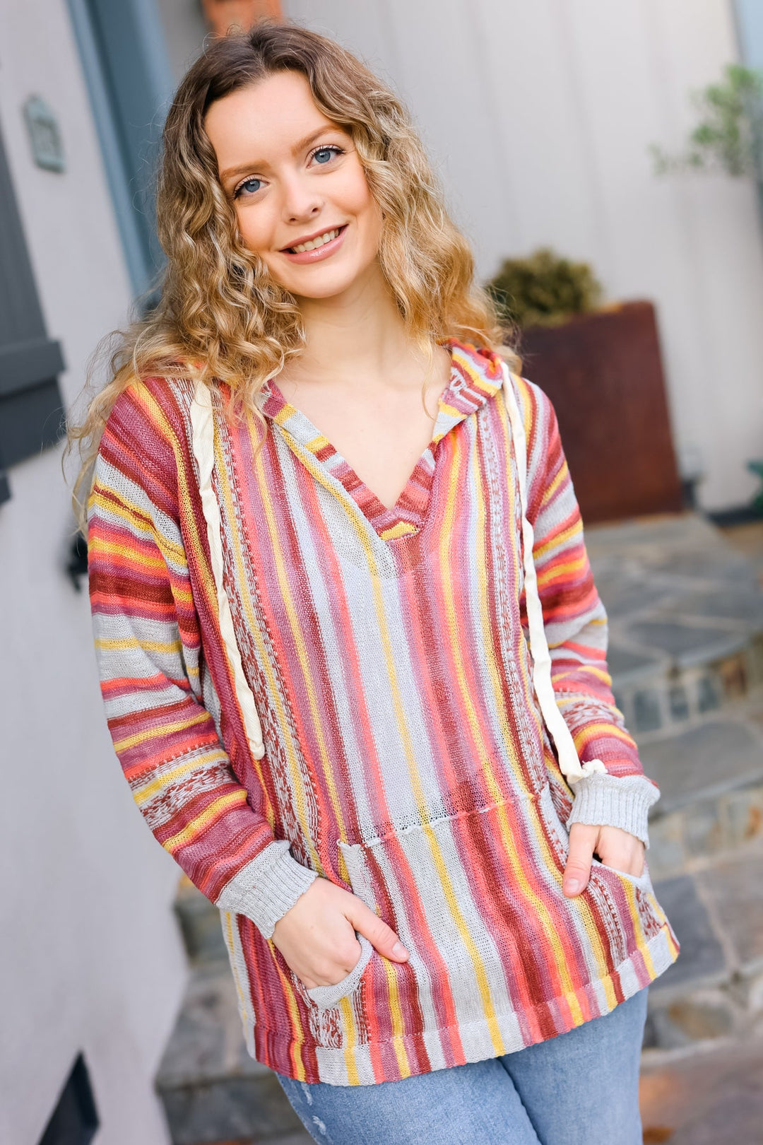 Be Bold Coral &amp; Sienna Stripe Pullover Notched Neck Hoodie | Nikki &amp; Co. Boutique