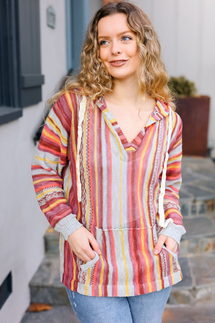 Be Bold Coral &amp; Sienna Stripe Pullover Notched Neck Hoodie | Nikki &amp; Co. Boutique