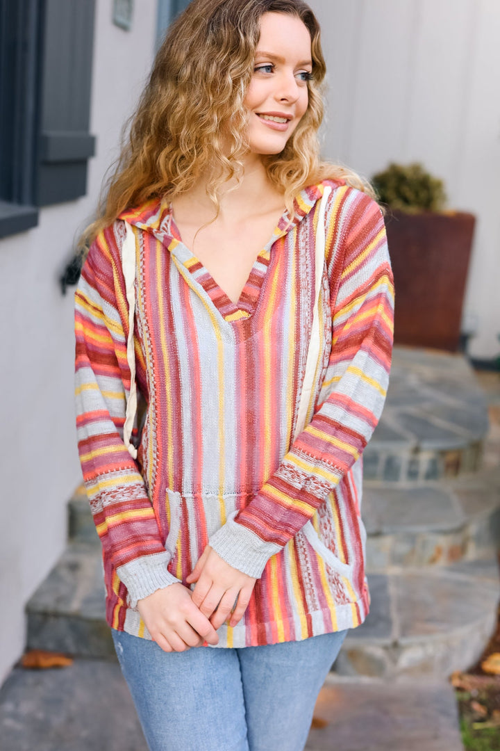 Be Bold Coral &amp; Sienna Stripe Pullover Notched Neck Hoodie | Nikki &amp; Co. Boutique
