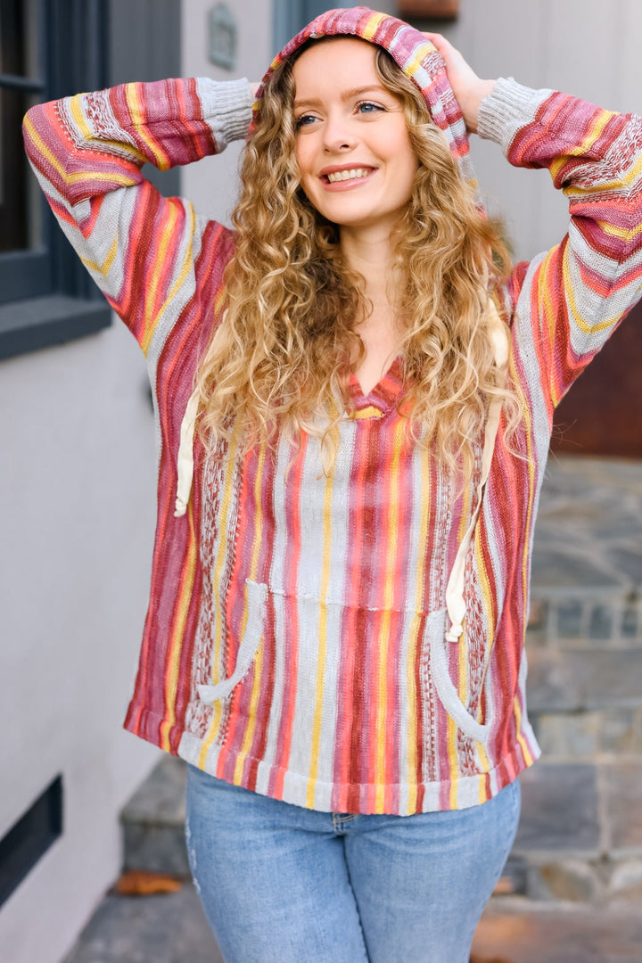 Be Bold Coral &amp; Sienna Stripe Pullover Notched Neck Hoodie | Nikki &amp; Co. Boutique