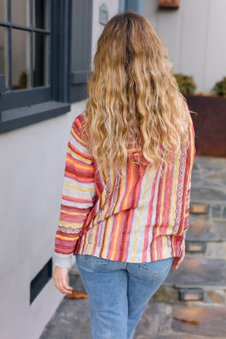 Be Bold Coral &amp; Sienna Stripe Pullover Notched Neck Hoodie | Nikki &amp; Co. Boutique