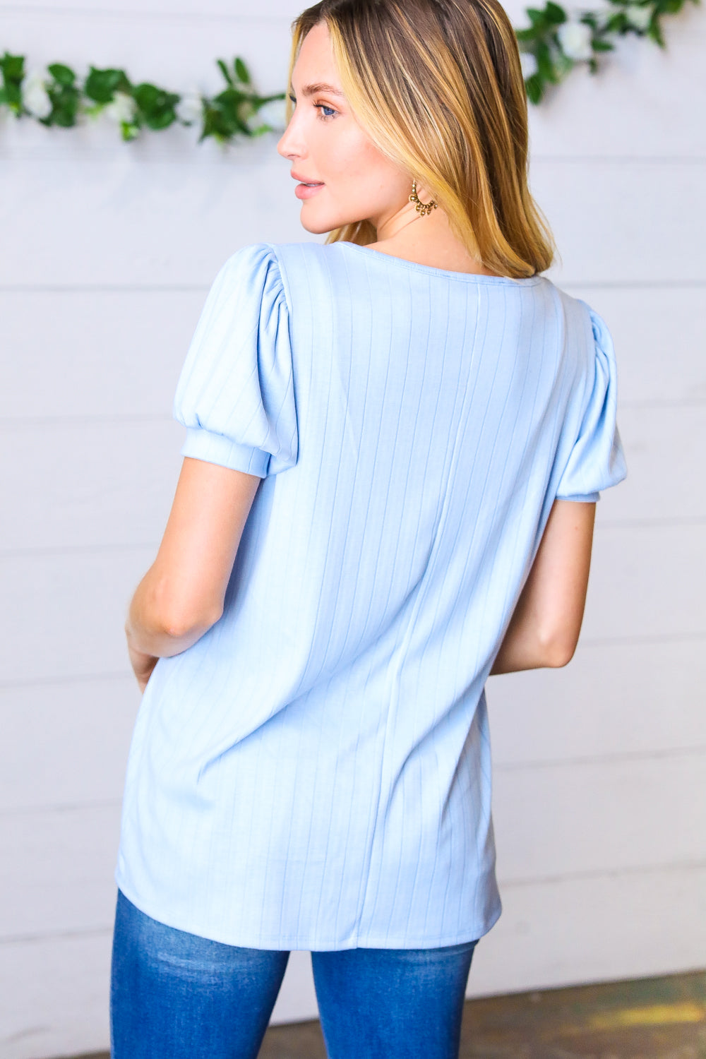 Light Blue Wide Rib Puff Sleeve Tops | Nikki &amp; Co. Boutique