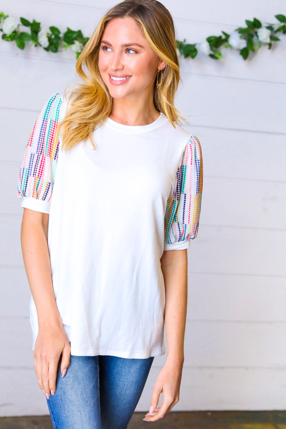 Ivory Multicolor Vertical Stripe Puff Sleeve Top | Nikki &amp; Co. Boutique