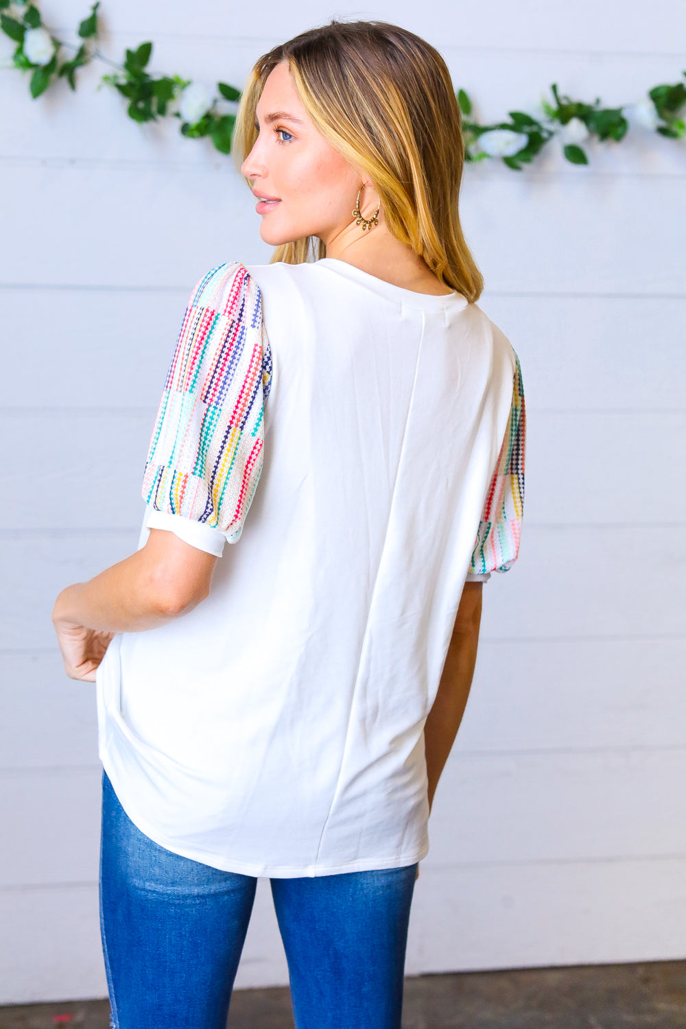 Ivory Multicolor Vertical Stripe Puff Sleeve Top | Nikki &amp; Co. Boutique