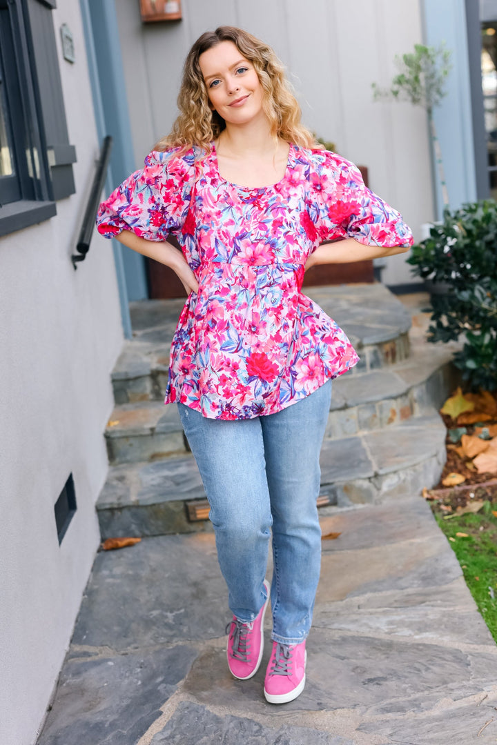 Feeling Femmi Pink &amp; Fuchsia Floral Peplum Woven Tops | Nikki &amp; Co. Boutique