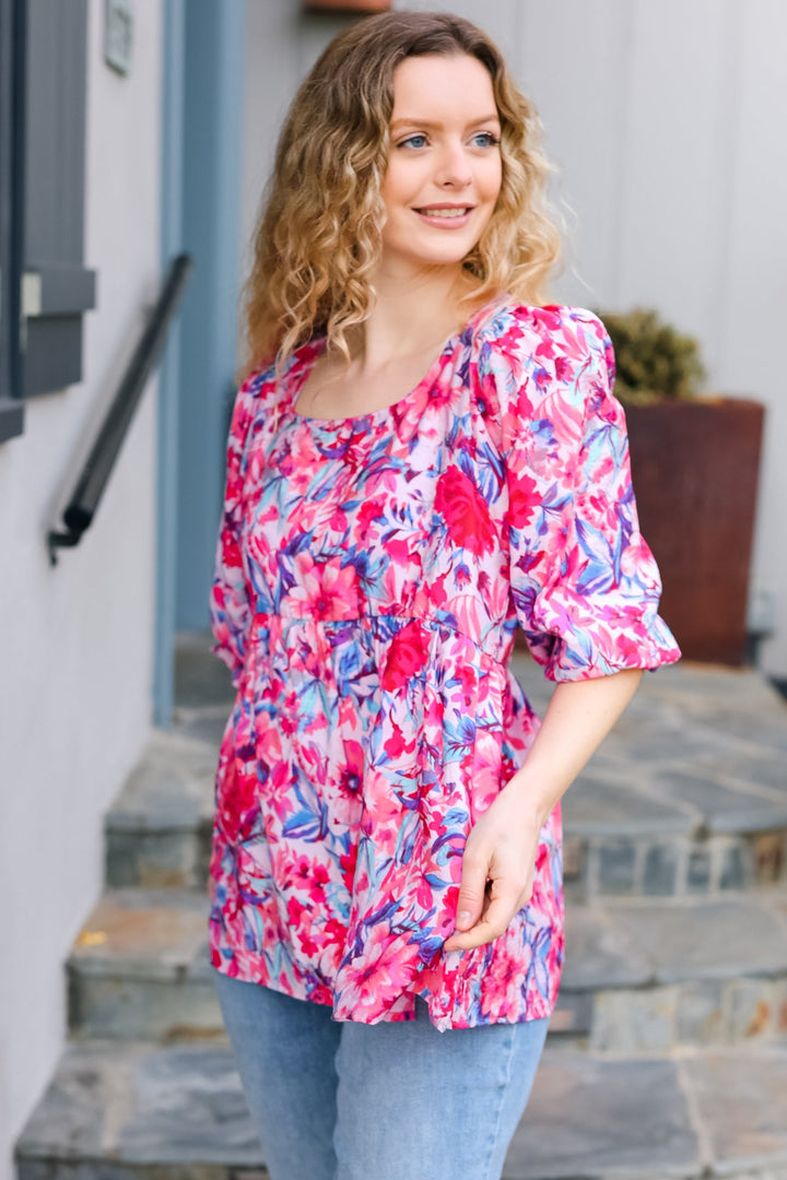 Feeling Femmi Pink &amp; Fuchsia Floral Peplum Woven Tops | Nikki &amp; Co. Boutique