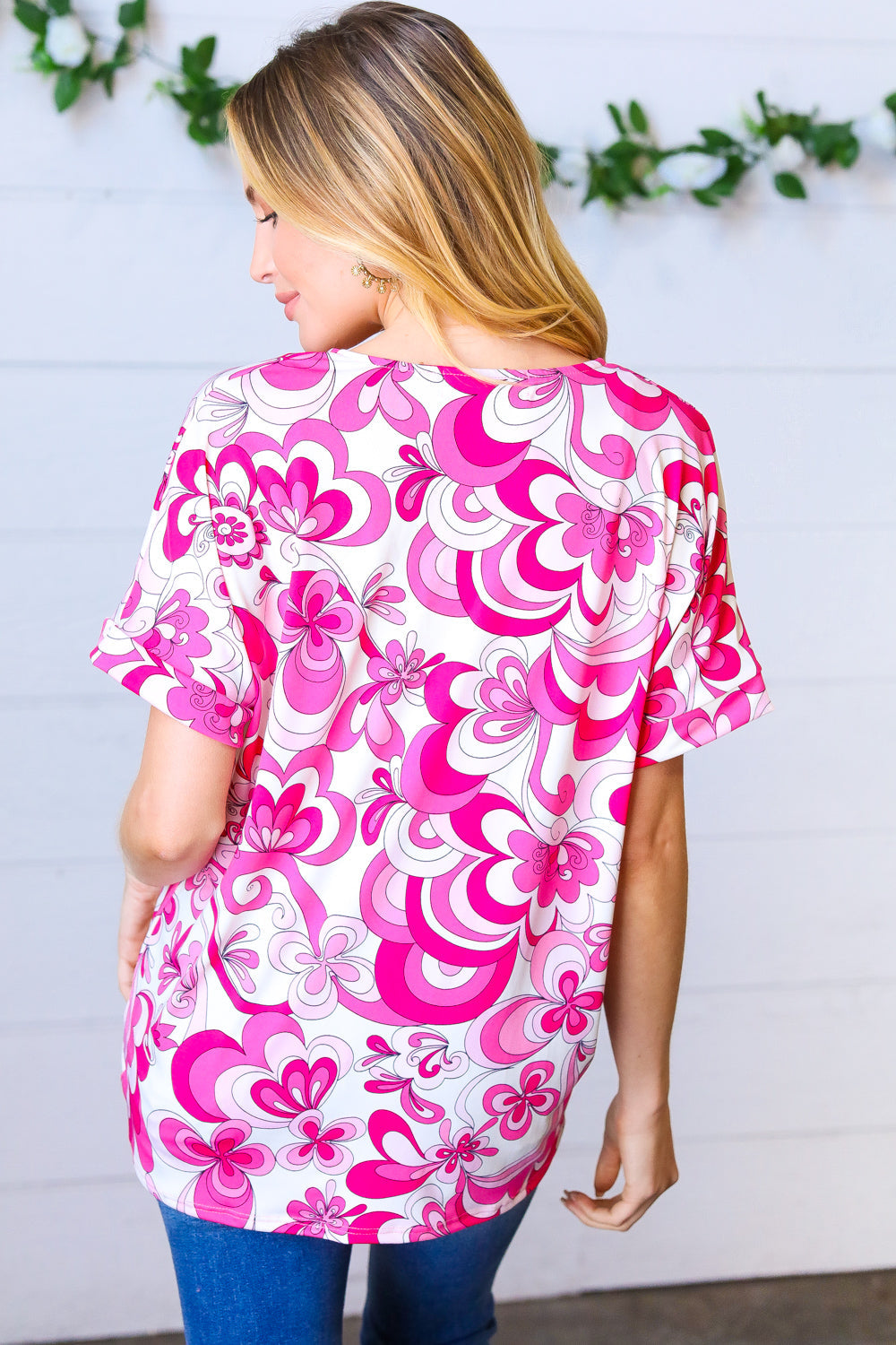 Magenta &amp; White Geometric Floral V Neck Tops | Nikki &amp; Co. Boutique