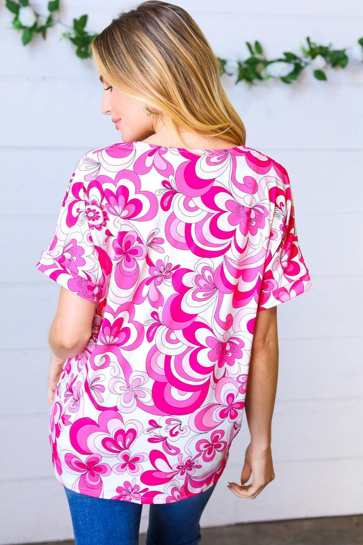 Magenta &amp; White Geometric Floral V Neck Tops | Nikki &amp; Co. Boutique