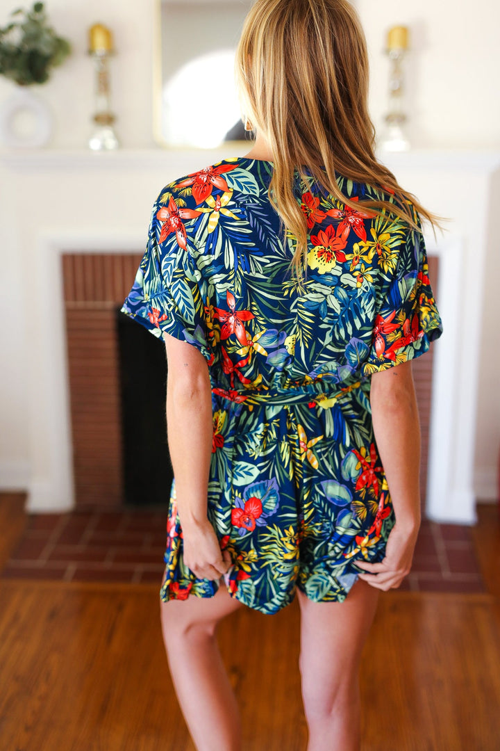 Navy Tropical Floral Surplice Romper | Nikki &amp; Co. Boutique