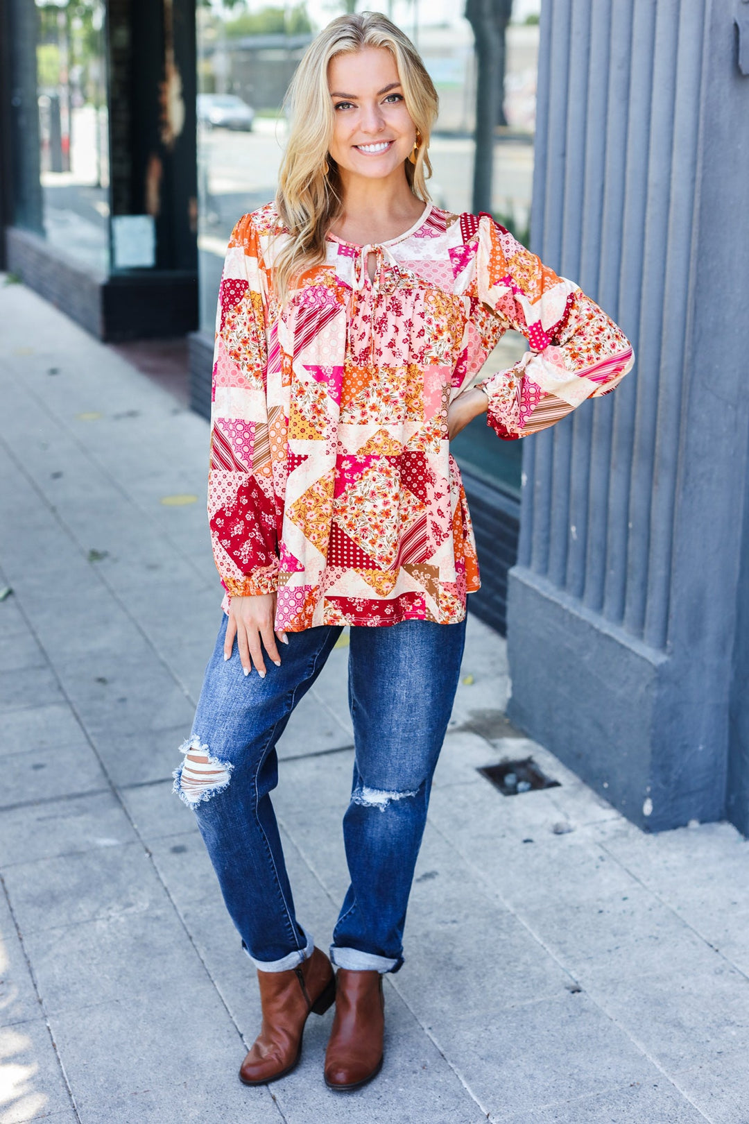 Rust &amp; Magenta Patchwork Print Front Tie Boho Tops | Nikki &amp; Co. Boutique