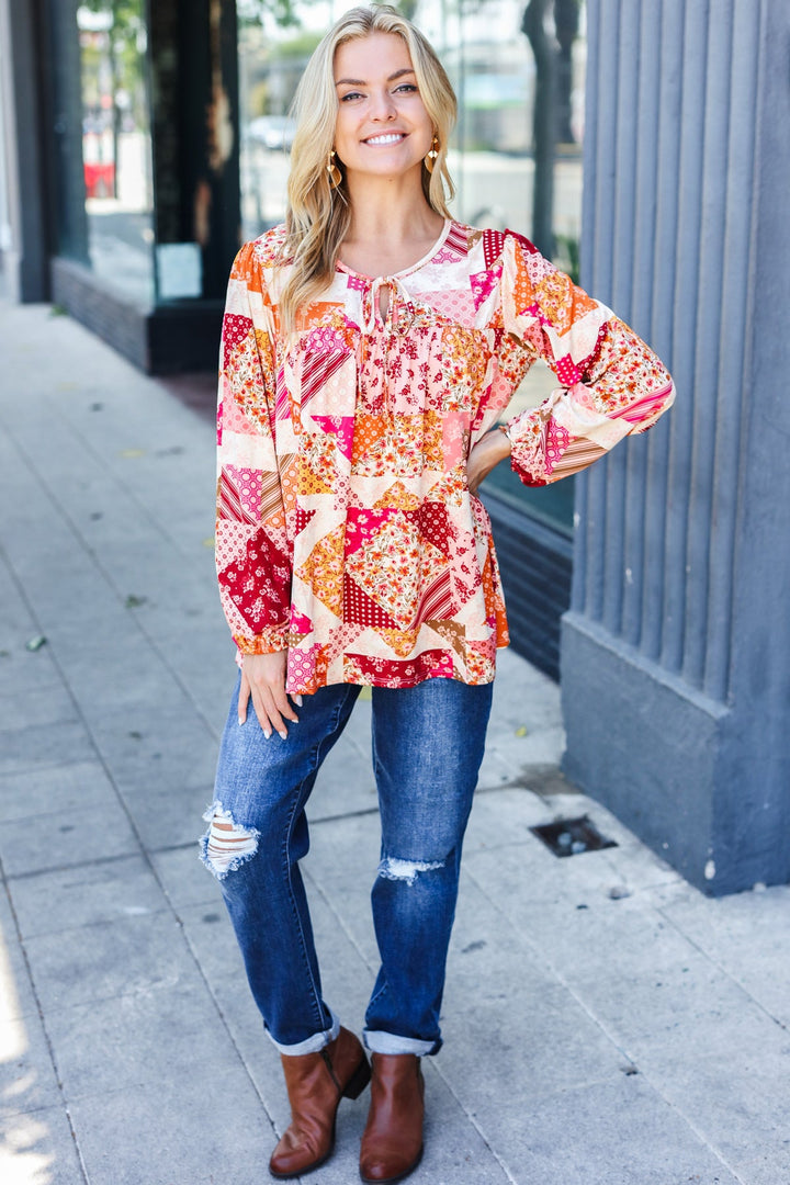 Rust &amp; Magenta Patchwork Print Front Tie Boho Tops | Nikki &amp; Co. Boutique
