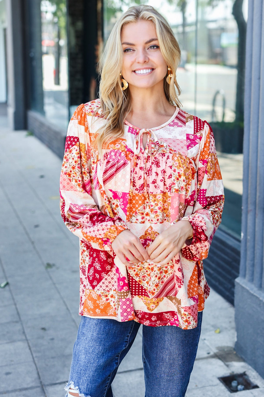 Rust &amp; Magenta Patchwork Print Front Tie Boho Tops | Nikki &amp; Co. Boutique