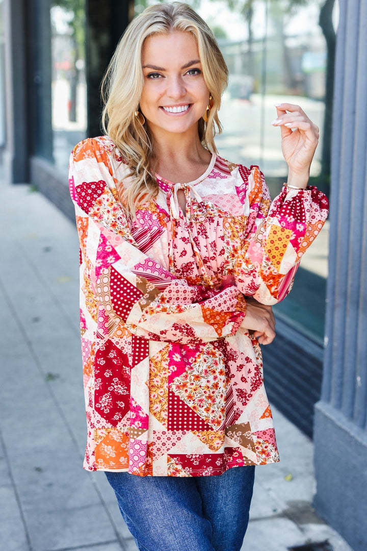 Rust &amp; Magenta Patchwork Print Front Tie Boho Tops | Nikki &amp; Co. Boutique