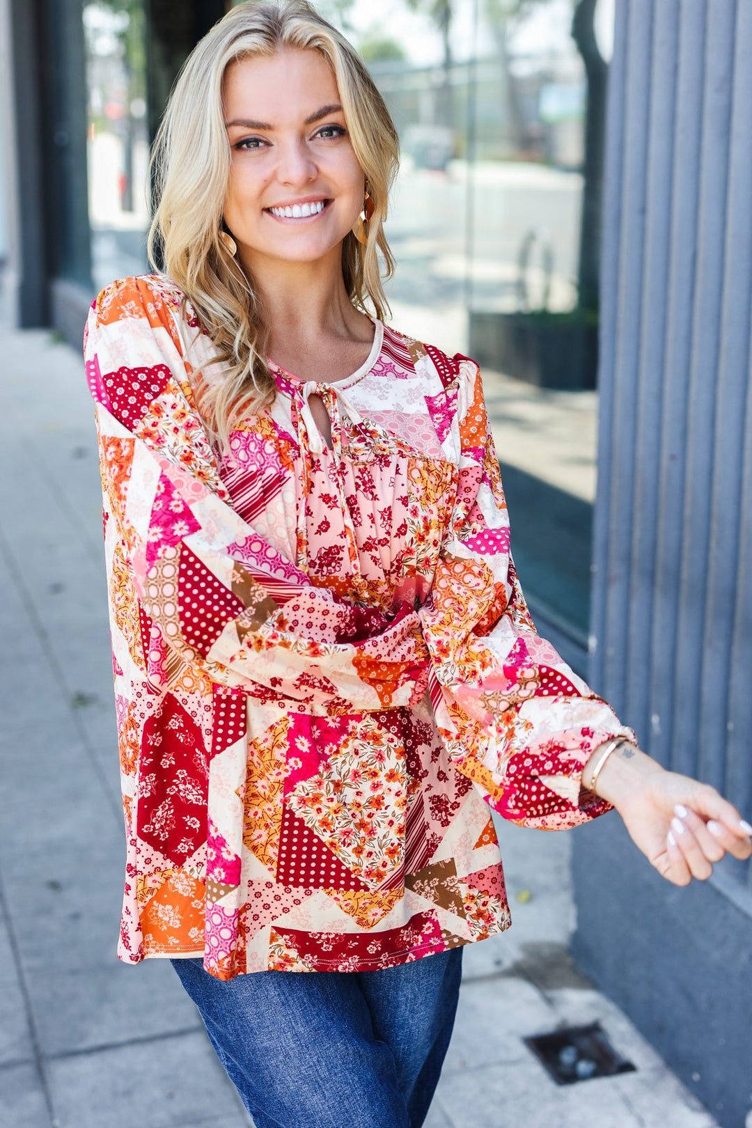 Rust &amp; Magenta Patchwork Print Front Tie Boho Tops | Nikki &amp; Co. Boutique