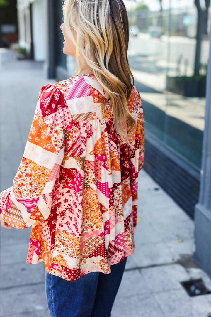 Rust &amp; Magenta Patchwork Print Front Tie Boho Tops | Nikki &amp; Co. Boutique