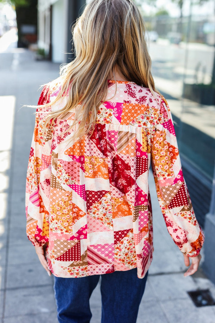 Rust &amp; Magenta Patchwork Print Front Tie Boho Tops | Nikki &amp; Co. Boutique