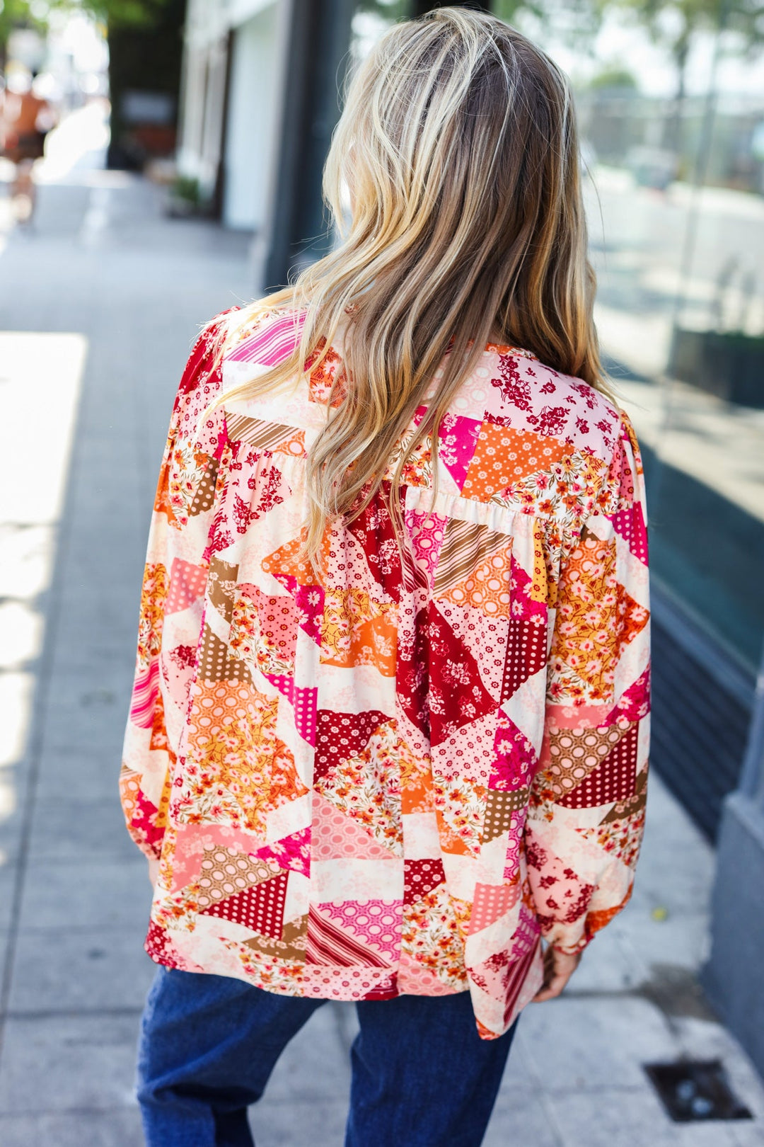 Rust &amp; Magenta Patchwork Print Front Tie Boho Tops | Nikki &amp; Co. Boutique
