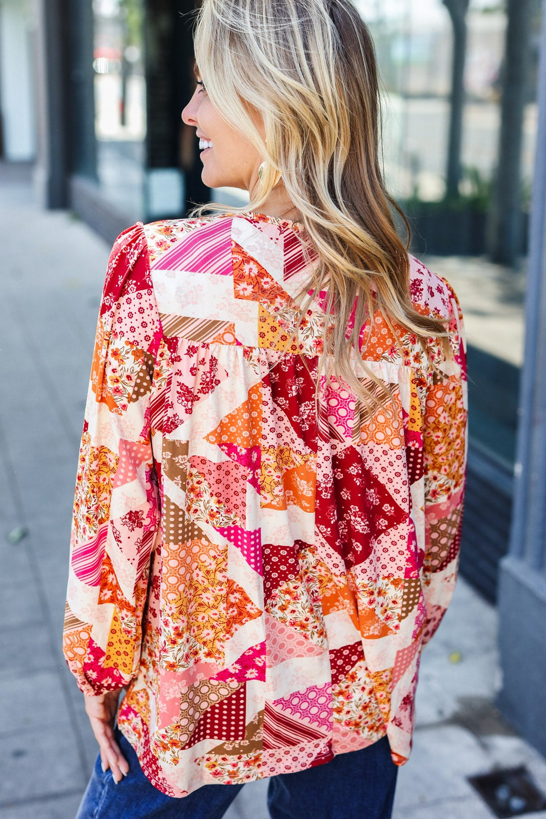 Rust &amp; Magenta Patchwork Print Front Tie Boho Tops | Nikki &amp; Co. Boutique