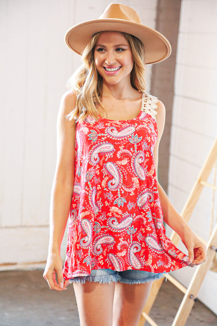 Coral Paisley Scallop Crochet Strap Tank Top | Nikki &amp; Co. Boutique