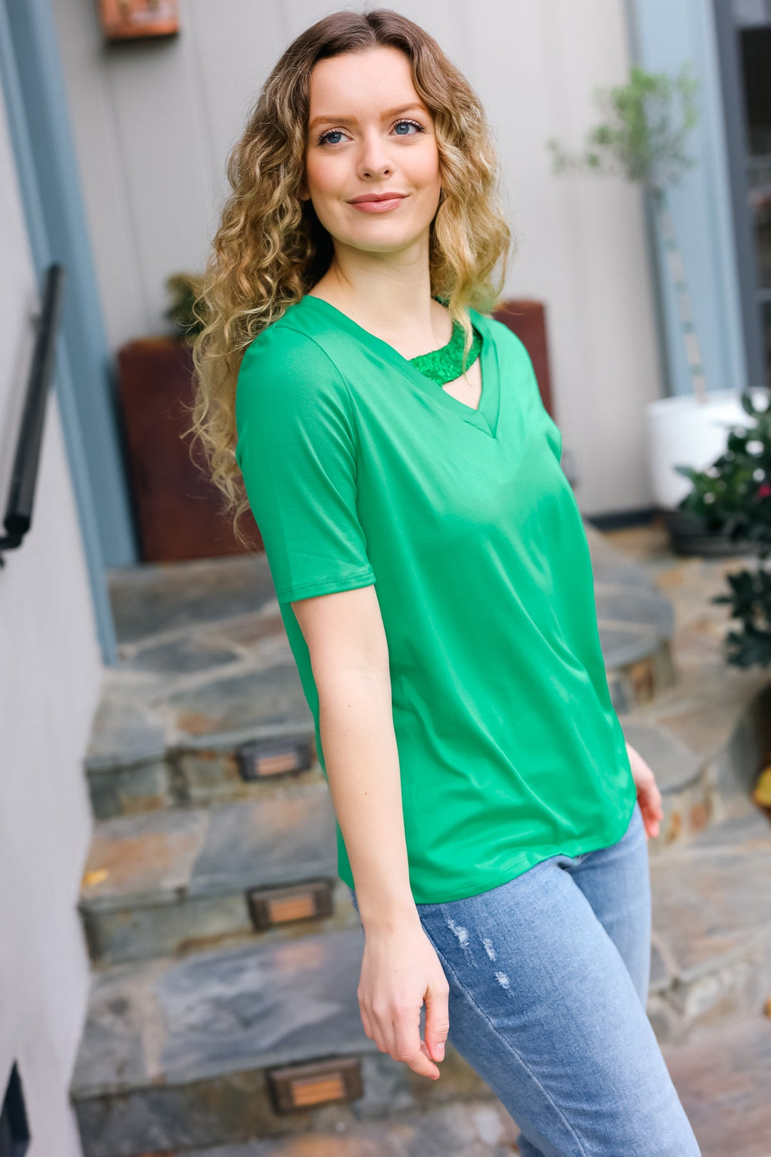 Asymmetrical Sequin Banded V Neck Tops | Nikki &amp; Co. Boutique