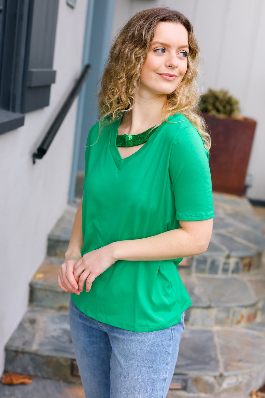 Asymmetrical Sequin Banded V Neck Tops | Nikki &amp; Co. Boutique