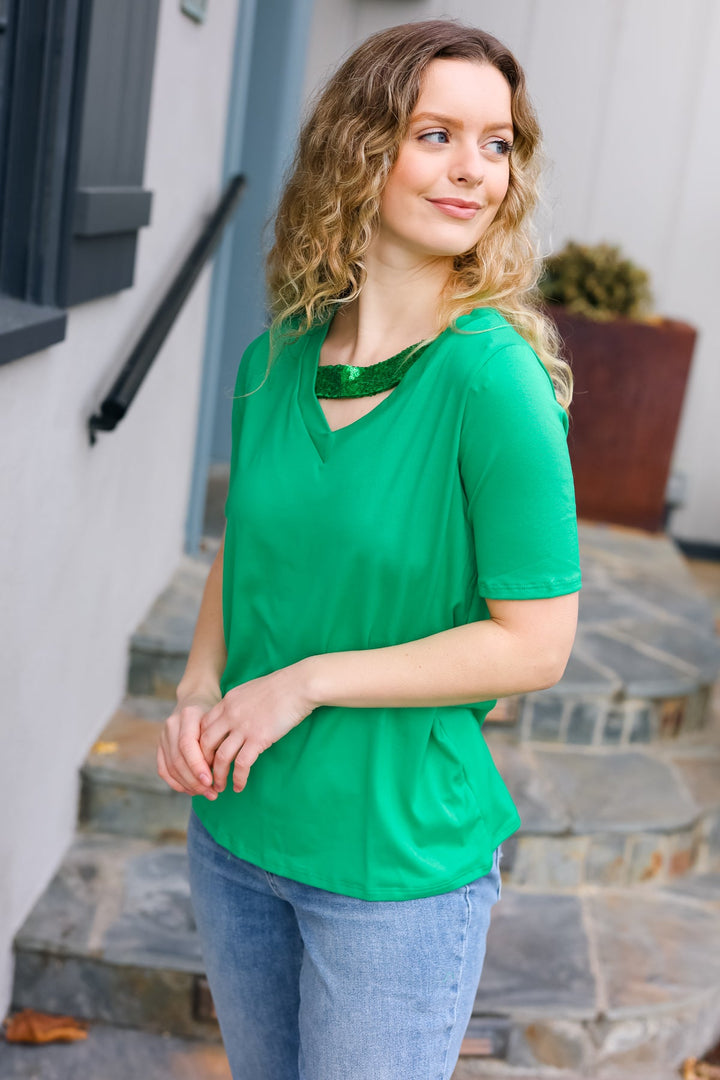 Asymmetrical Sequin Banded V Neck Tops | Nikki &amp; Co. Boutique