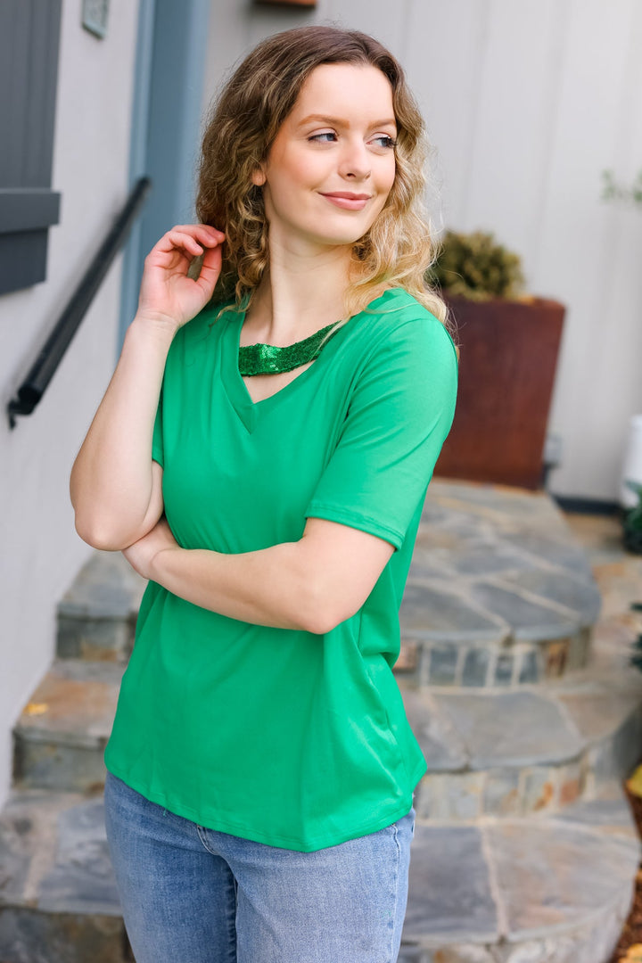 Asymmetrical Sequin Banded V Neck Tops | Nikki &amp; Co. Boutique
