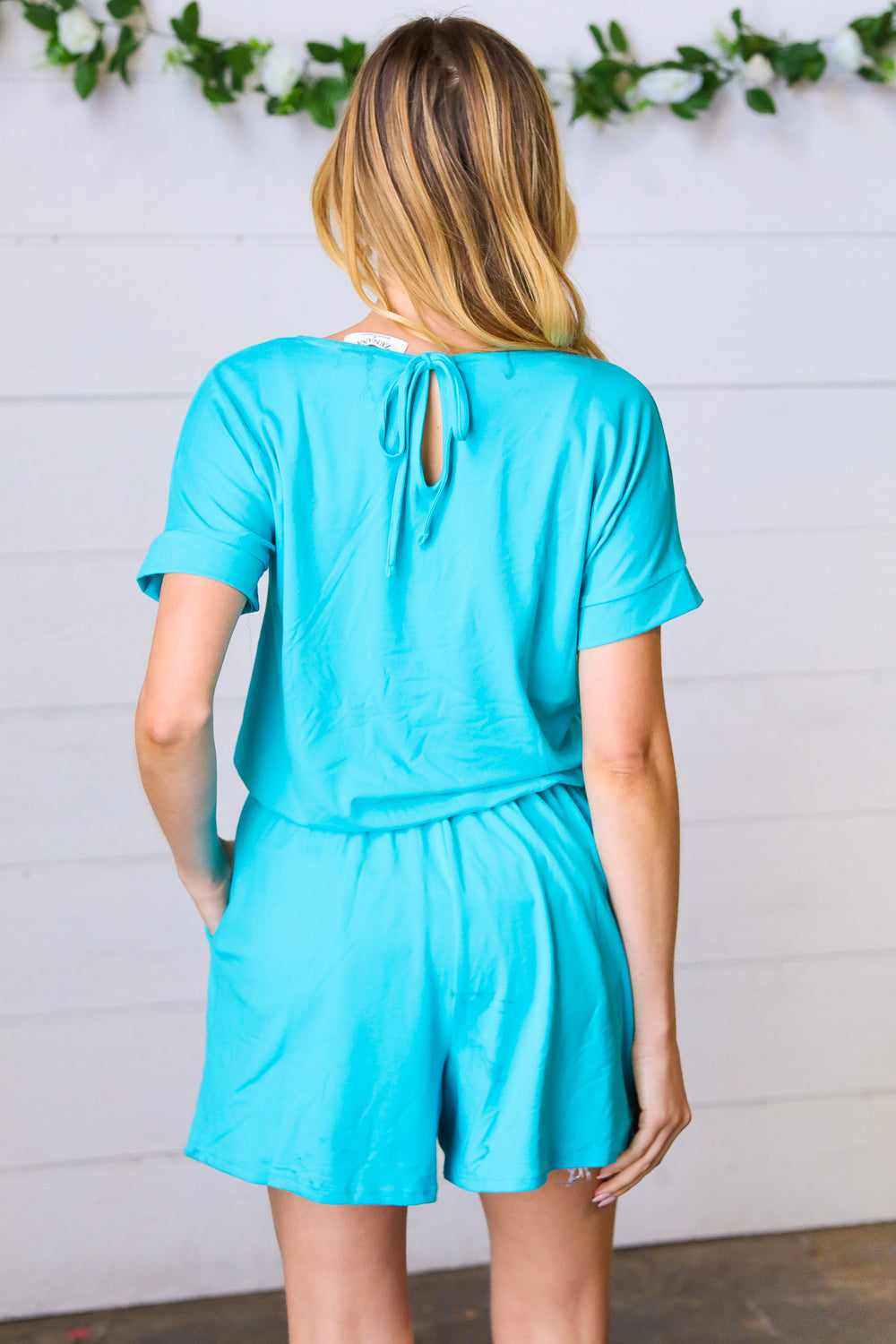 Ice Blue Brushed Knit Elastic Waist Pocketed Romper | Nikki &amp; Co. Boutique
