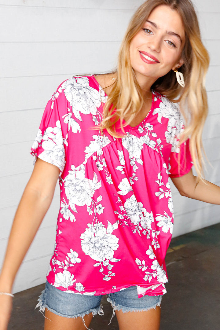 Fuchsia Floral V Neck Dolman Tops | Nikki &amp; Co. Boutique