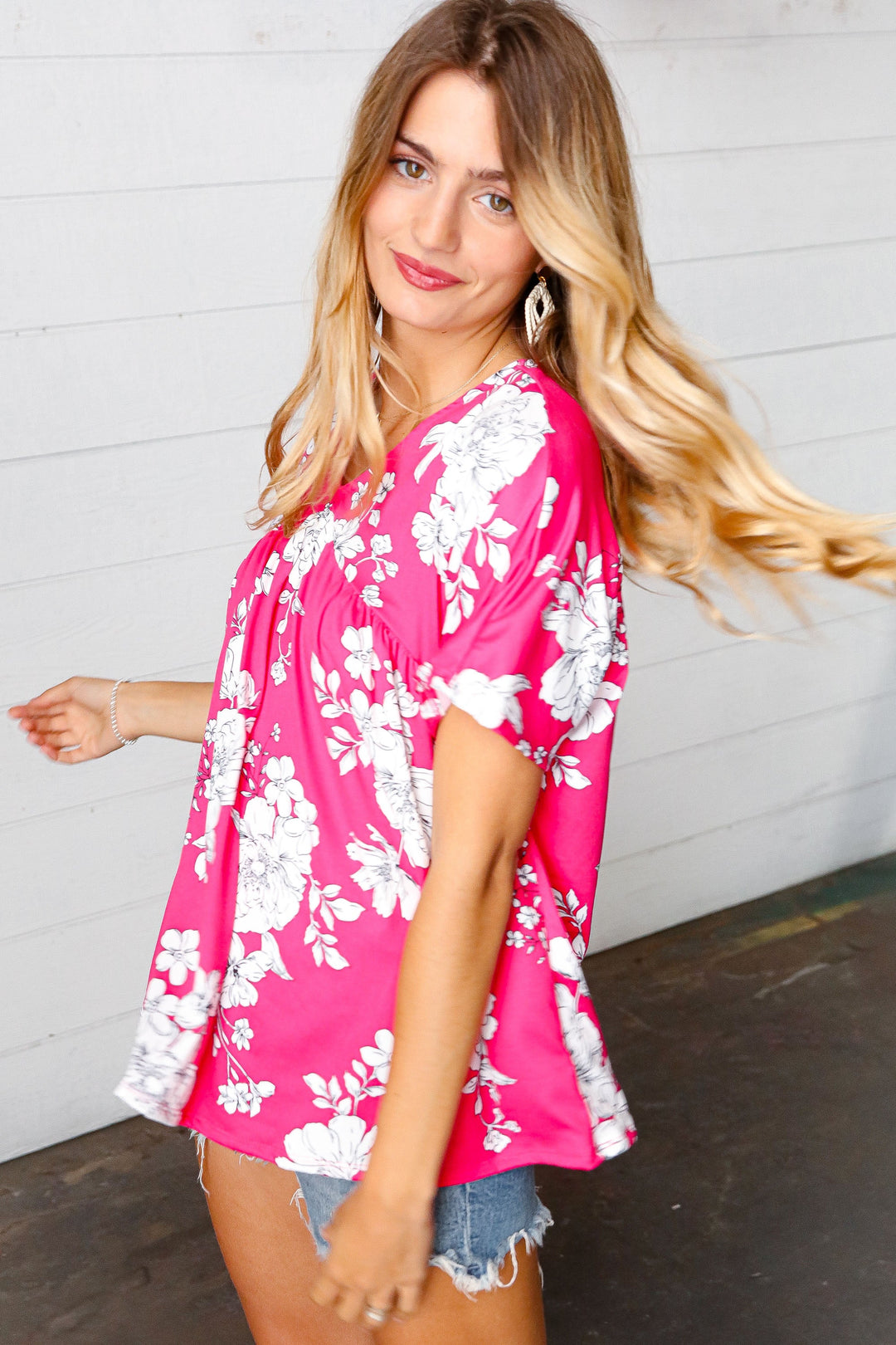 Fuchsia Floral V Neck Dolman Tops | Nikki &amp; Co. Boutique