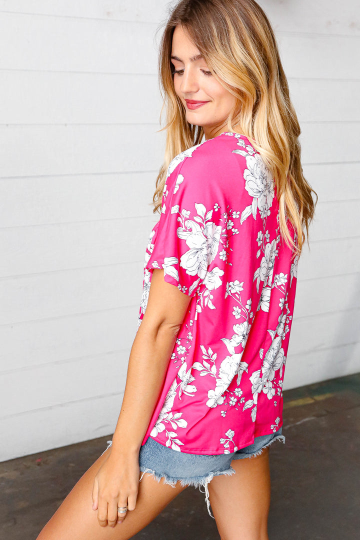 Fuchsia Floral V Neck Dolman Tops | Nikki &amp; Co. Boutique