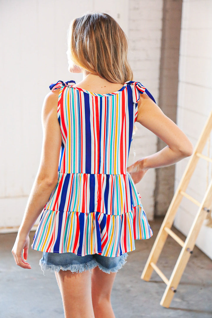 Multicolor Vertical Stripe Tie Bow Woven Tops | Nikki &amp; Co. Boutique
