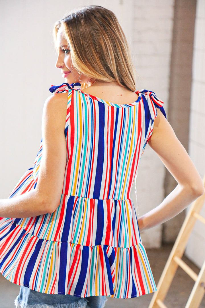 Multicolor Vertical Stripe Tie Bow Woven Tops | Nikki &amp; Co. Boutique