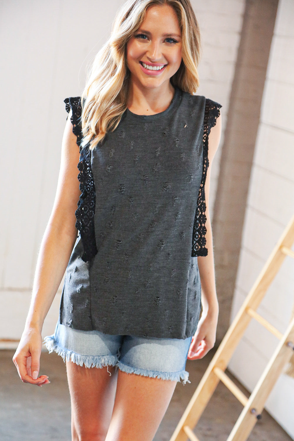 Charcoal Distressed Sleeveless Crochet Lace Top | Nikki &amp; Co. Boutique