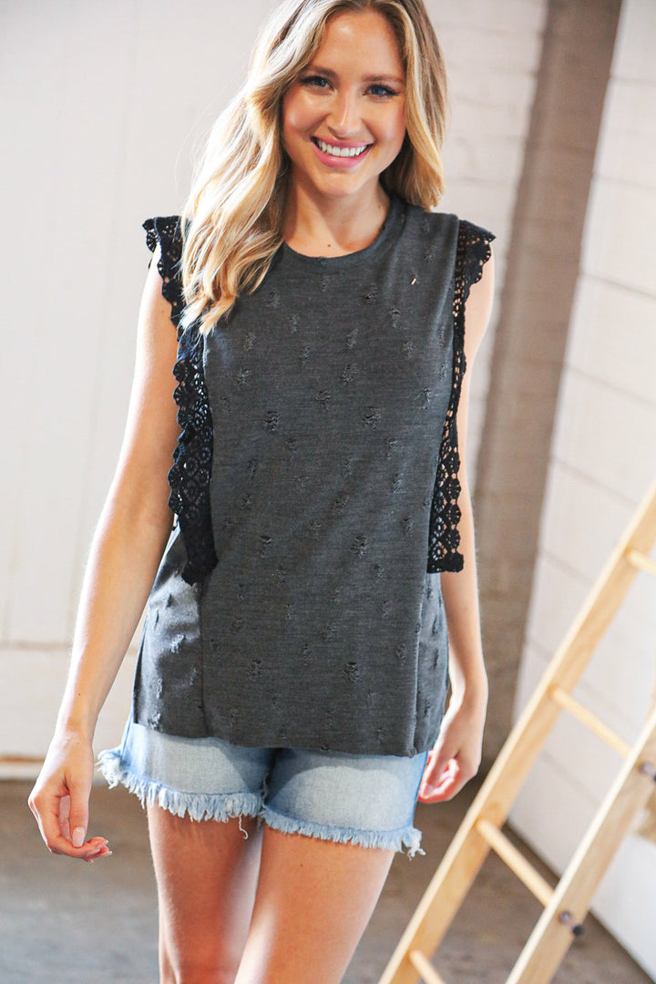 Charcoal Distressed Sleeveless Crochet Lace Top | Nikki &amp; Co. Boutique