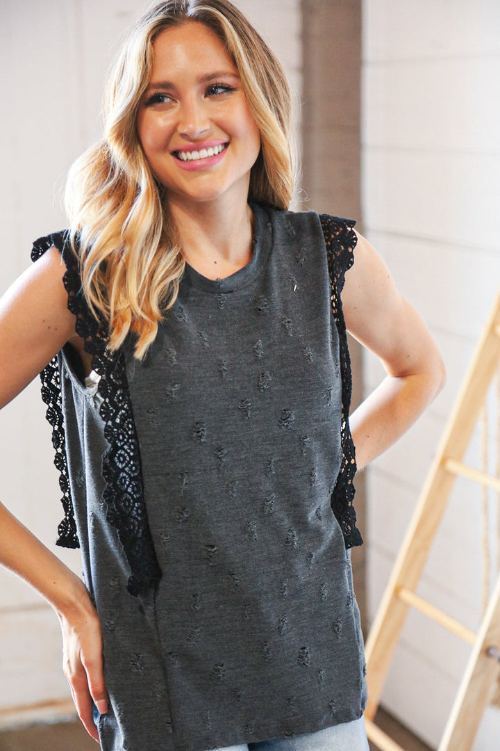 Charcoal Distressed Sleeveless Crochet Lace Top | Nikki &amp; Co. Boutique