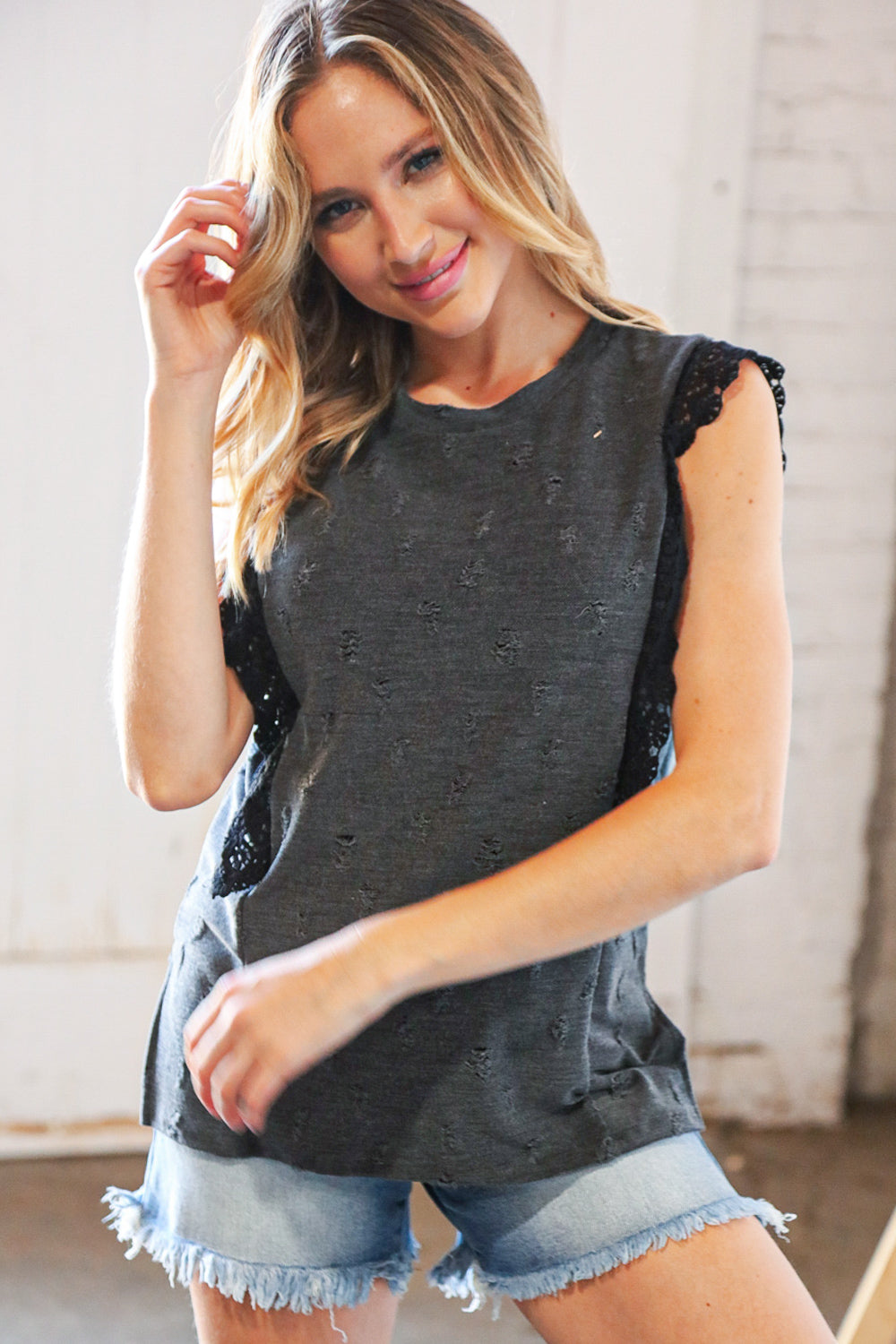 Charcoal Distressed Sleeveless Crochet Lace Top | Nikki &amp; Co. Boutique