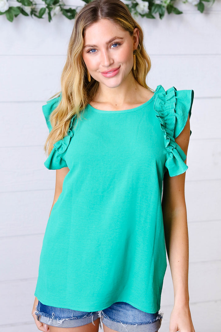 Kelly Green Double Ruffle Sleeve Crinkle Tops | Nikki &amp; Co. Boutique