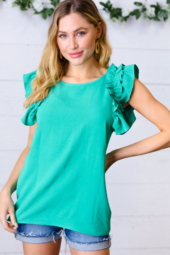 Kelly Green Double Ruffle Sleeve Crinkle Tops | Nikki &amp; Co. Boutique
