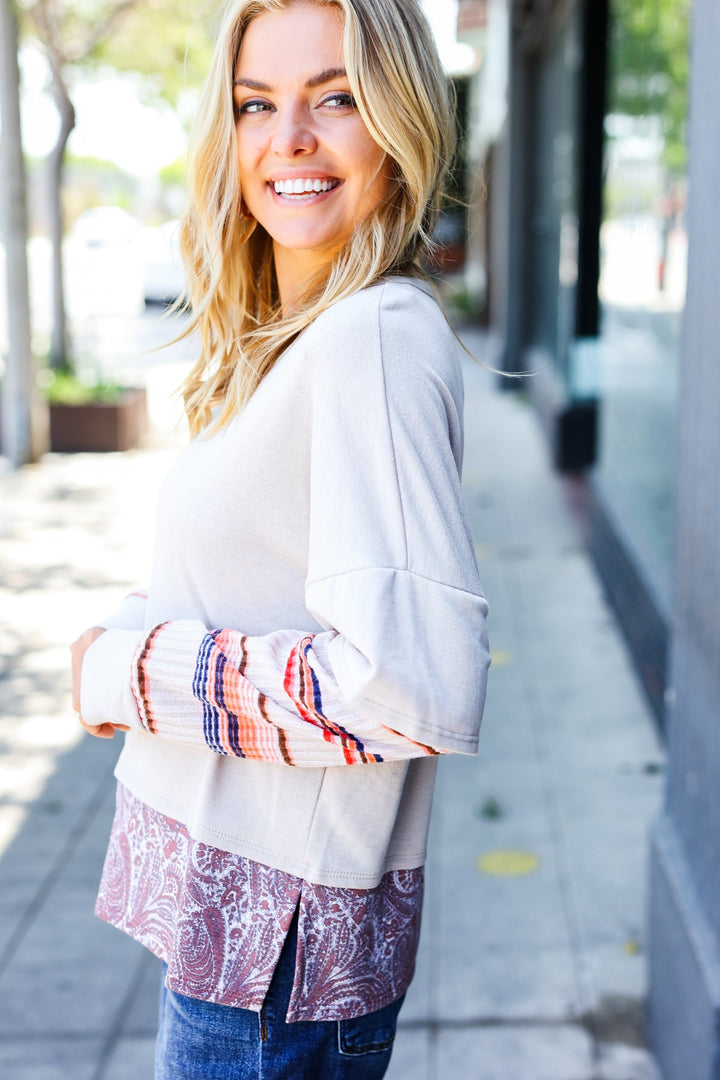 Boho Energy Taupe Stripe &amp; Paisley Twofer Terry Top | Nikki &amp; Co. Boutique