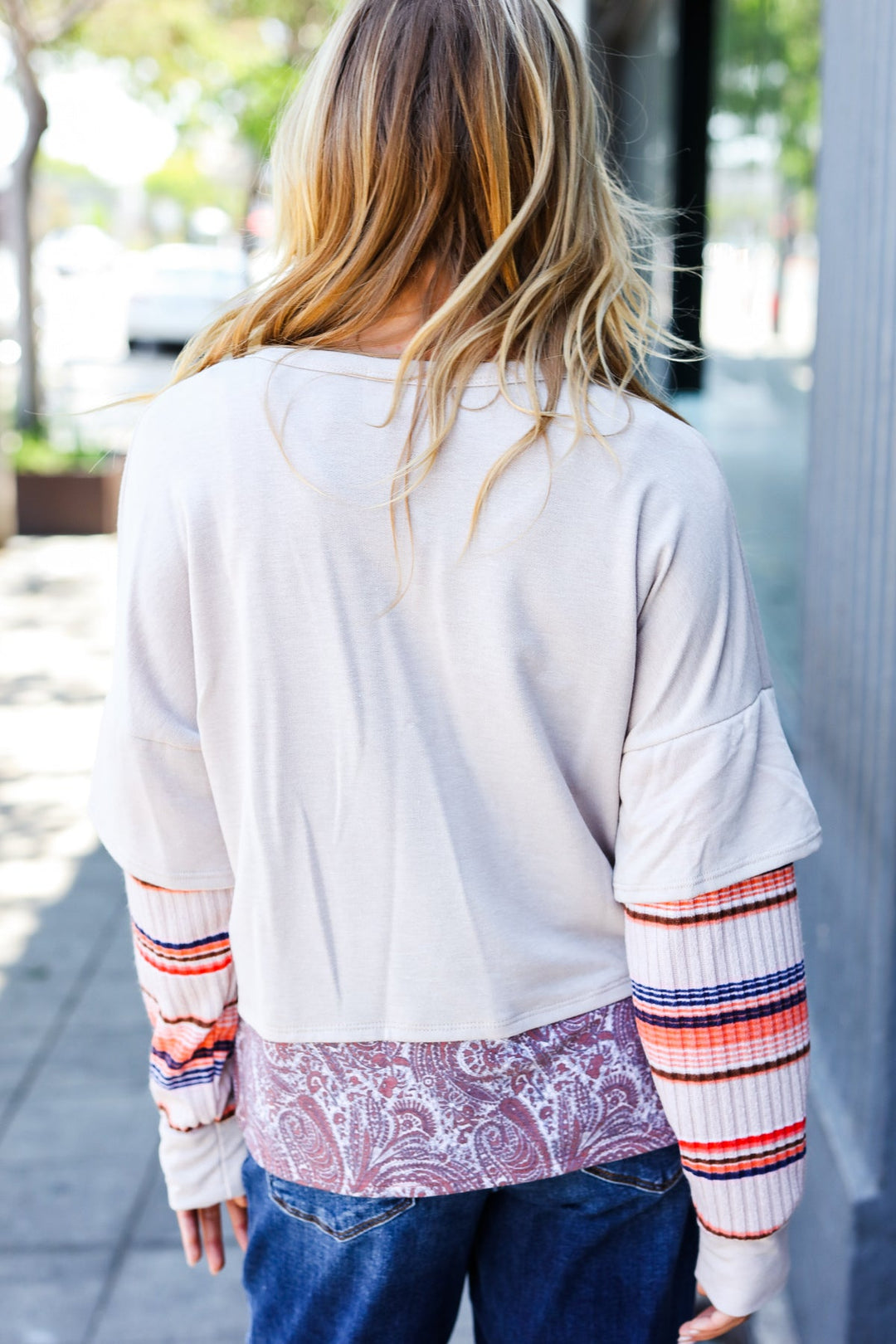 Boho Energy Taupe Stripe &amp; Paisley Twofer Terry Top | Nikki &amp; Co. Boutique