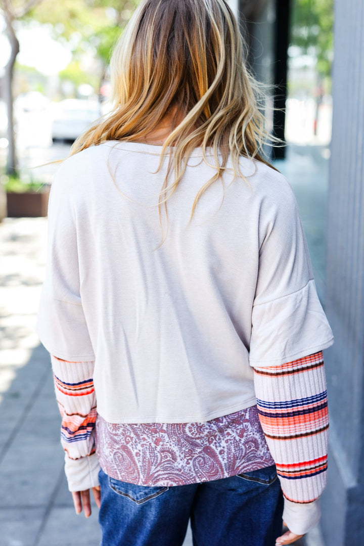 Boho Energy Taupe Stripe &amp; Paisley Twofer Terry Top | Nikki &amp; Co. Boutique