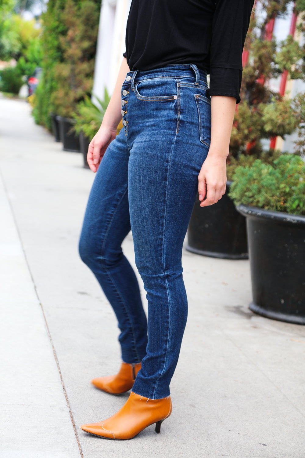 Stand Out Dark Denim High Rise Skinny Fit Button Fly Jeans - Nikki &amp; Co. Boutique