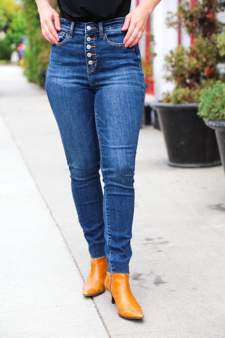 Stand Out Dark Denim High Rise Skinny Fit Button Fly Jeans - Nikki &amp; Co. Boutique